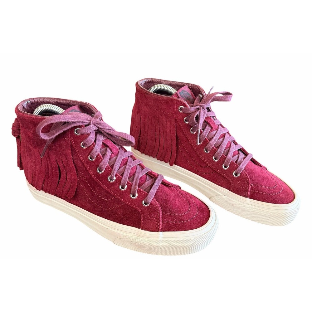 VANS Sk8-Hi Moc Burgundy Suede Fringed High Top Sneakers Mens 5 Women 6.5 721277